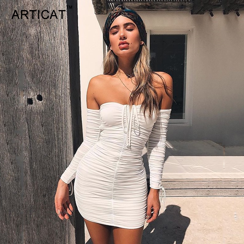 shop with crypto buy Articat Women Autumn Winter Bandage Dress Women 2020 Sexy Off Shoulder Long Sleeve Slim Elastic Bodycon Party Dresses Vestidos pay with bitcoin