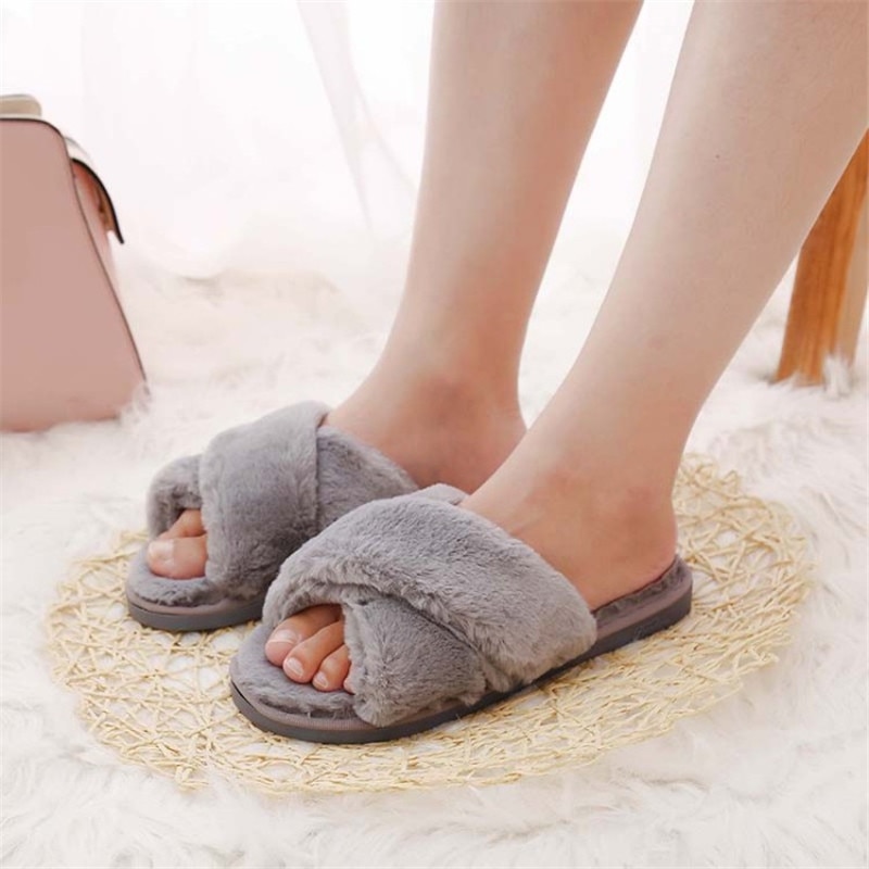 shop with crypto buy Winter Women Home Slippers with Faux Fur Fashion Warm Shoes Woman Slip on Flats Female Slides Black Pink Plus Size 41 pay with bitcoin