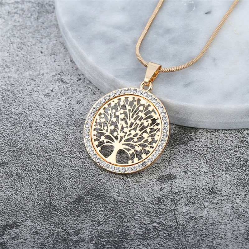 shop with crypto buy Hot Tree of Life Crystal Round Small Pendant Necklace Gold Silver Colors pay with bitcoin