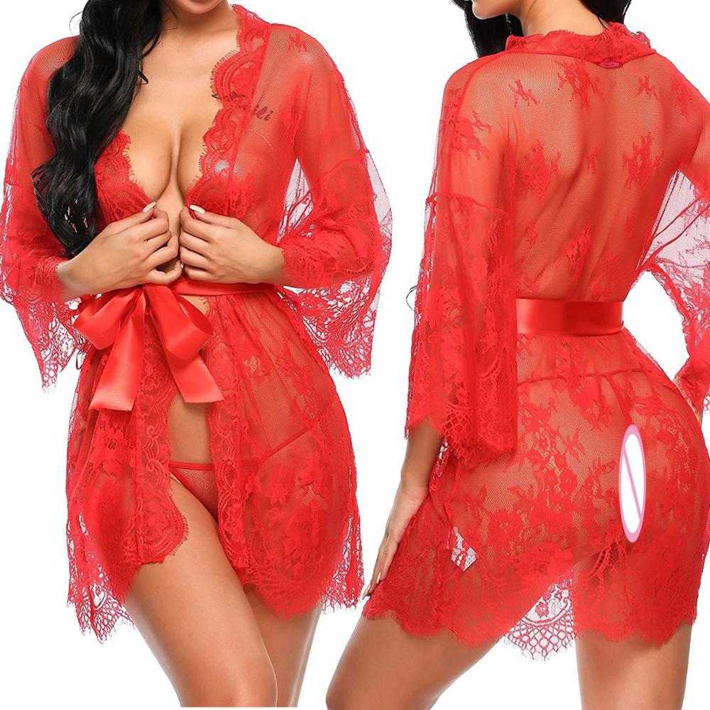 shop with crypto buy Sexy Women Lingerie Lace Night Dress Sleepwear Nightgown Bandage Deep V G-String See Through Sexy Sheer Sleep Dress 2020 Silky pay with bitcoin
