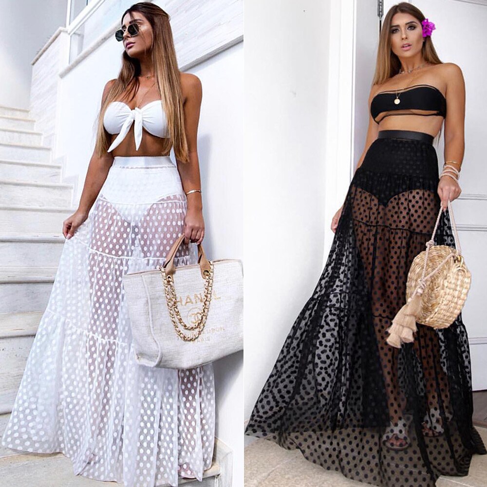 shop with crypto buy Sexy Dot Printed High Waist Skirt New See Through Summer Fashion Skirts Transparent Long Maxi Skirts Ball Gown Tulle Skirt pay with bitcoin