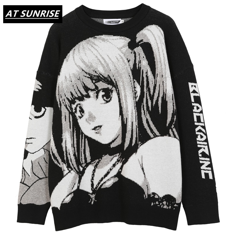shop with crypto buy Mens Hip Hop Streetwear Harajuku Sweater Vintage Retro Japanese Style Anime Girl Knitted Sweater 2021 Autumn Cotton Pullover pay with bitcoin