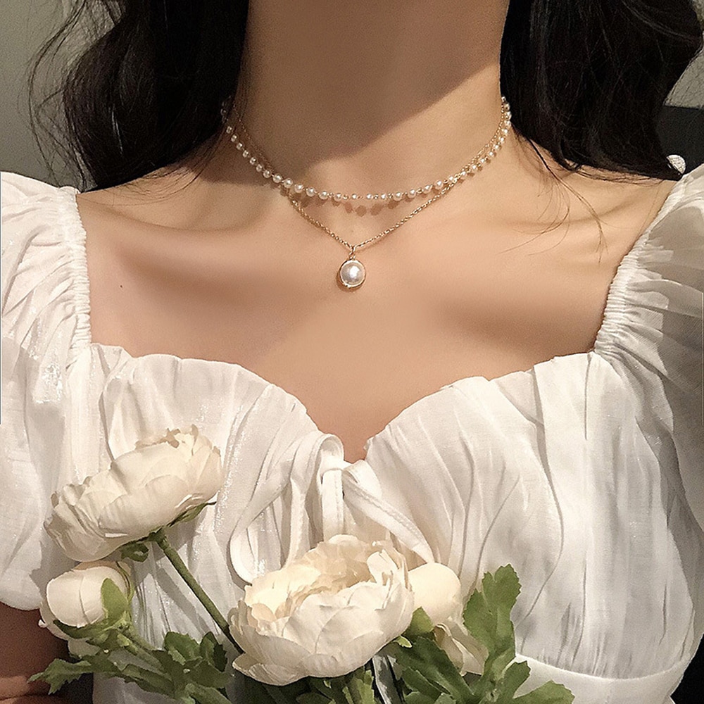 shop with crypto buy SUMENG 2021 New Fashion Kpop Pearl Choker Necklace Cute Double Layer Chain Pendant For Women Jewelry Girl Gift pay with bitcoin
