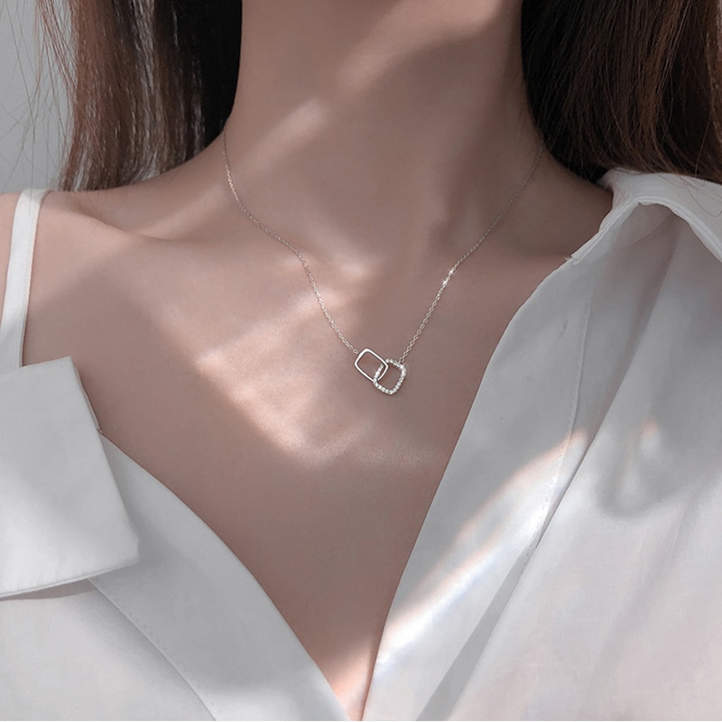 shop with crypto buy New 925 Sterling Silver Shiny Rectangle Double Zircon Circle CZ Zirconia Necklaces Pendants Gift For Girl Choker NK064 pay with bitcoin