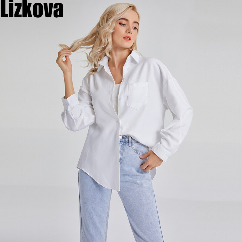 shop with crypto buy Lizkova White Blouse Women 2021 Long Sleeve Oversized Green Shirt Female Spring Pocket Official Tops Blusas Roupa 8866 pay with bitcoin