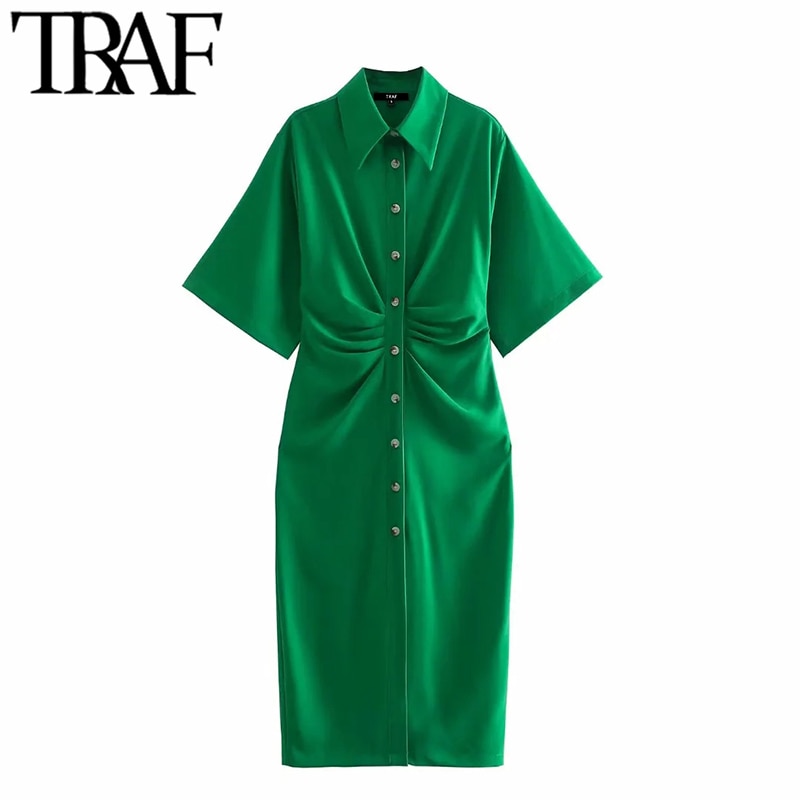 shop with crypto buy TRAF Women Chic Fashion Button up Draped Midi Shirt Dress Vintage Short Sleeve Side Zipper Female Dresses Vestidos pay with bitcoin