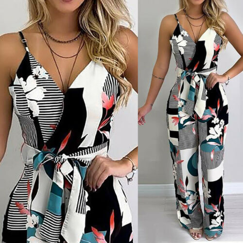shop with crypto buy  Summer Women Casual Sleeveless V Neck Jumpsuits Ladies Boho Floral Bodysuit Wide Leg Loose Long Pants Trousers Plus Size  pay with bitcoin