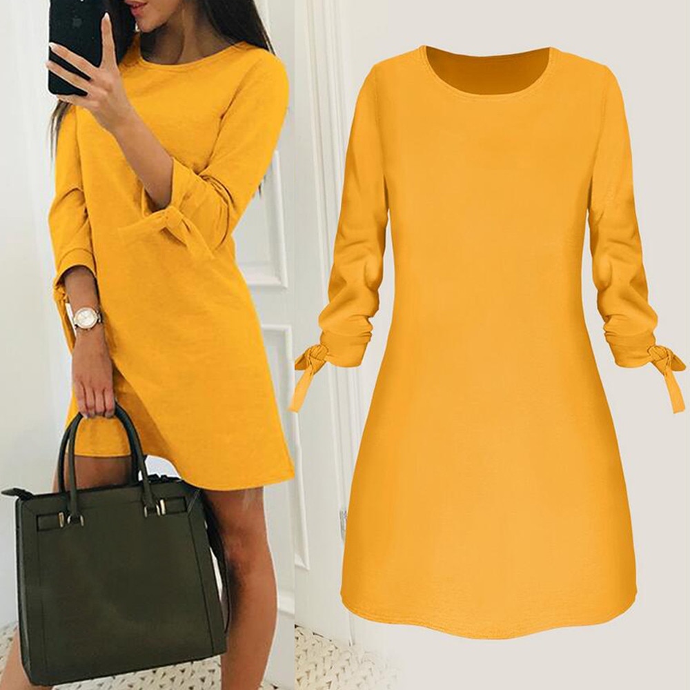 shop with crypto buy Women s Dress Fashion O neck Solid Bow Long Sleeves Elegant Straight Dress Spring Loose Mini Dresses Vest  pay with bitcoin