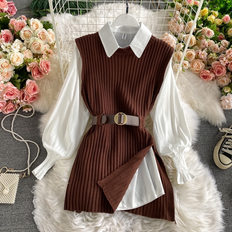 shop with crypto buy spring autumn women s lantern sleeve shirt knitted vest two piece sets of College style waistband vest two sets top UK900 pay with bitcoin
