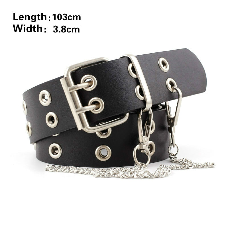 shop with crypto buy Fashion Harajuku Women Punk Chain Belt Adjustable Black Double Single Eyelet Grommet Metal Buckle Leather Waistband For Jeans pay with bitcoin