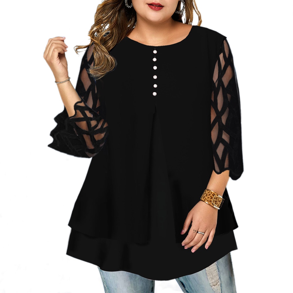 shop with crypto buy 6XL Geometric Translucent Sleeve Plus Size Blouse Casual Button Women s Tops Blouses Ruffled Long Sleeve Shirts Blusas D25 pay with bitcoin