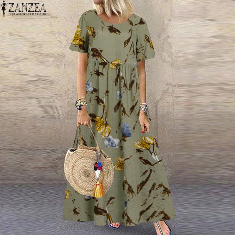 shop with crypto buy ZANZEA Fashion Summer Maxi Dress Women s Printed Sundress Casual Short Sleeve Vestidos Female High Waist Robe Femme Plus Size pay with bitcoin