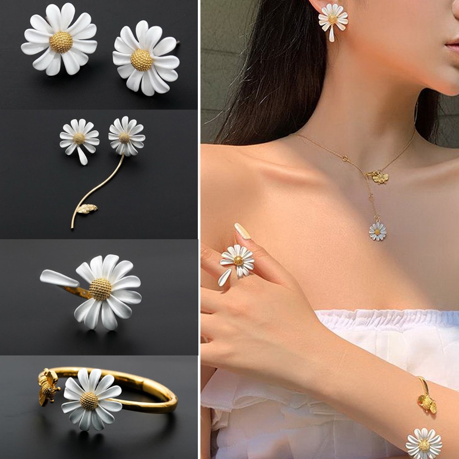 shop with crypto buy Korean Style Cute Small Daisy Flower Stud Earrings For Women Girls Sweet Statement Asymmetrical Earring Party Jewelry Gifts pay with bitcoin