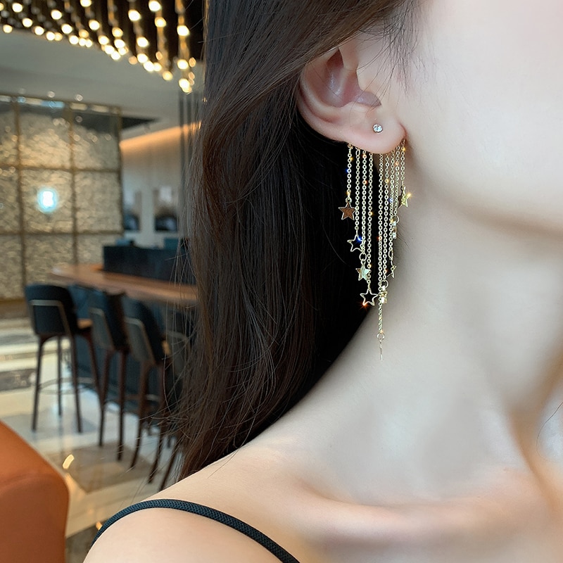 shop with crypto buy Exaggerated temperament star tassel earrings rear hanging six-pointed star earrings European and American women fashion earrings pay with bitcoin