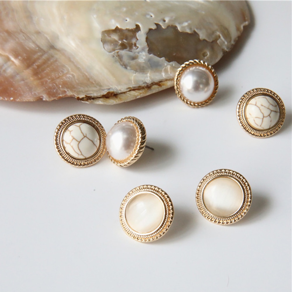 shop with crypto buy New Vintage Round Marble Opal Stone Big Stud Earrings Women Fashion Temperament Gold Ear Stud Circle Pearls Stone Jewelry pay with bitcoin