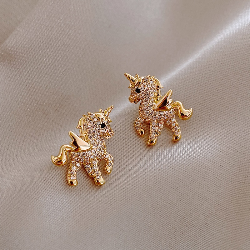 shop with crypto buy Cute Unicorn Stud Earrings for Women Fairy Animal Gold Cubic Zirconia Earrings Girls Birthday Party Gift Jewelry Pendientes pay with bitcoin