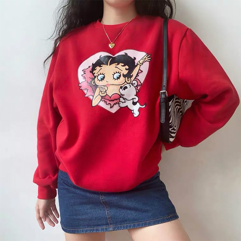 shop with crypto buy 80s 90s American Vintage Cartoon Print Girl s Pullover Autumn Thick Warm Long Sleeve Hoodies Plus Size Loose Women Sweatshirts pay with bitcoin
