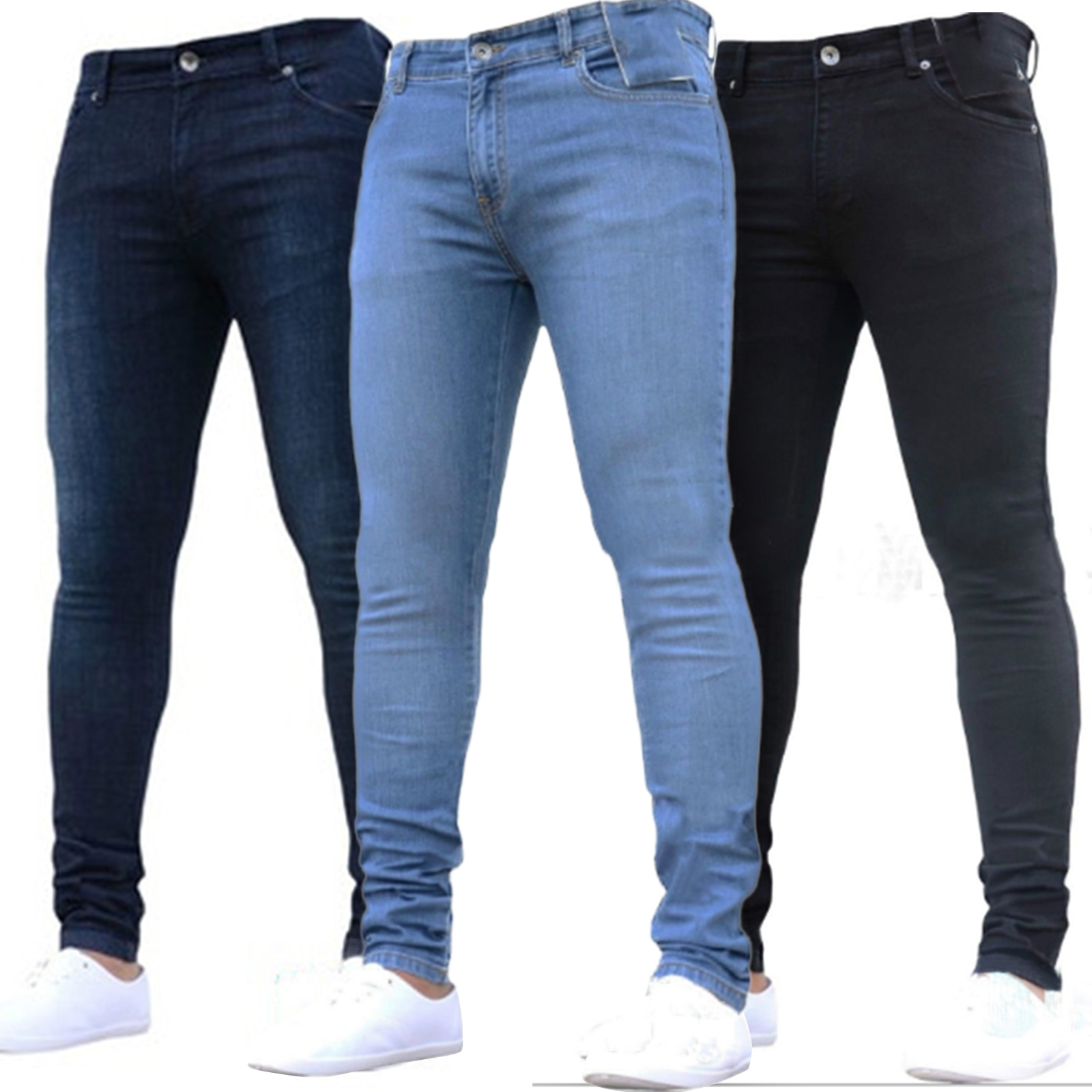 shop with crypto buy Mens Pants High Waist Zipper Stretch Jeans Casual Slim Trousers Male Plus Size Pencil Pants Denim Skinny Jeans for Men pay with bitcoin