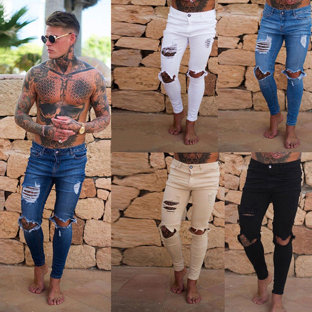shop with crypto buy New Hole Jean Men Fashion Skinny Stretch Denim Pencil Pants Distressed Ripped Freyed Biker Slim Fit Jeans Trouser Size 28 36 pay with bitcoin