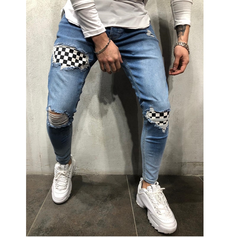 shop with crypto buy New Fashion Men s Jeans Spliced Ripped Denim pants pencil Jeans Slim Patch Pants Plaid Pants Elastic waistline S 3XL pay with bitcoin