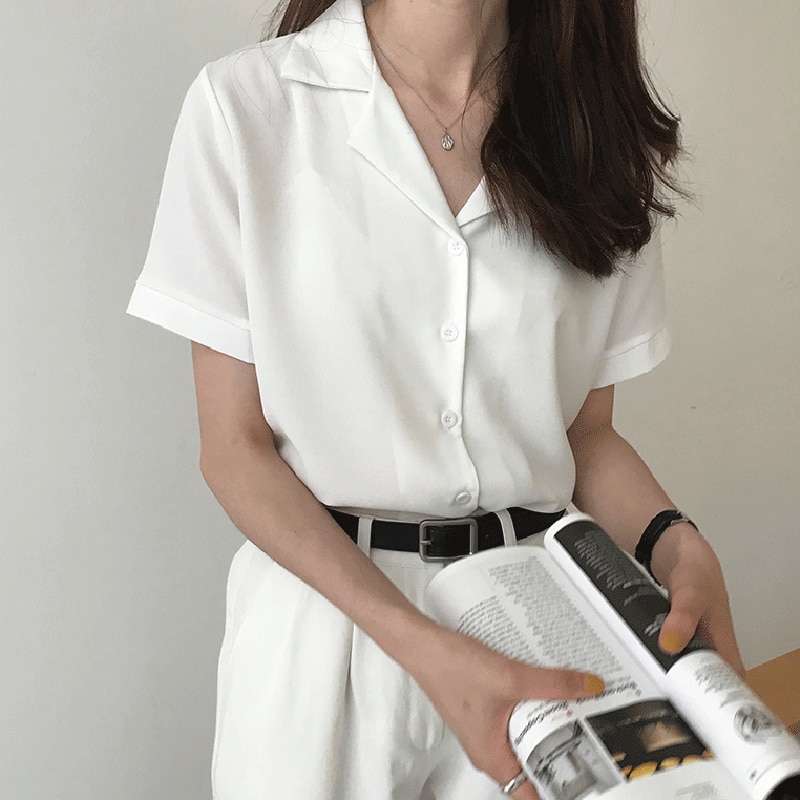 shop with crypto buy Summer Blouse Shirt For Women Fashion Short Sleeve V Neck Casual Office Lady White Shirts Tops Japan Korean Style  pay with bitcoin