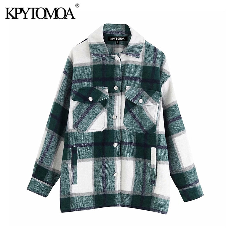 shop with crypto buy Vintage Stylish Pockets Oversized Plaid Jacket Coat Women 2020 Fashion Lapel Collar Long Sleeve Loose Outerwear Chic Tops pay with bitcoin