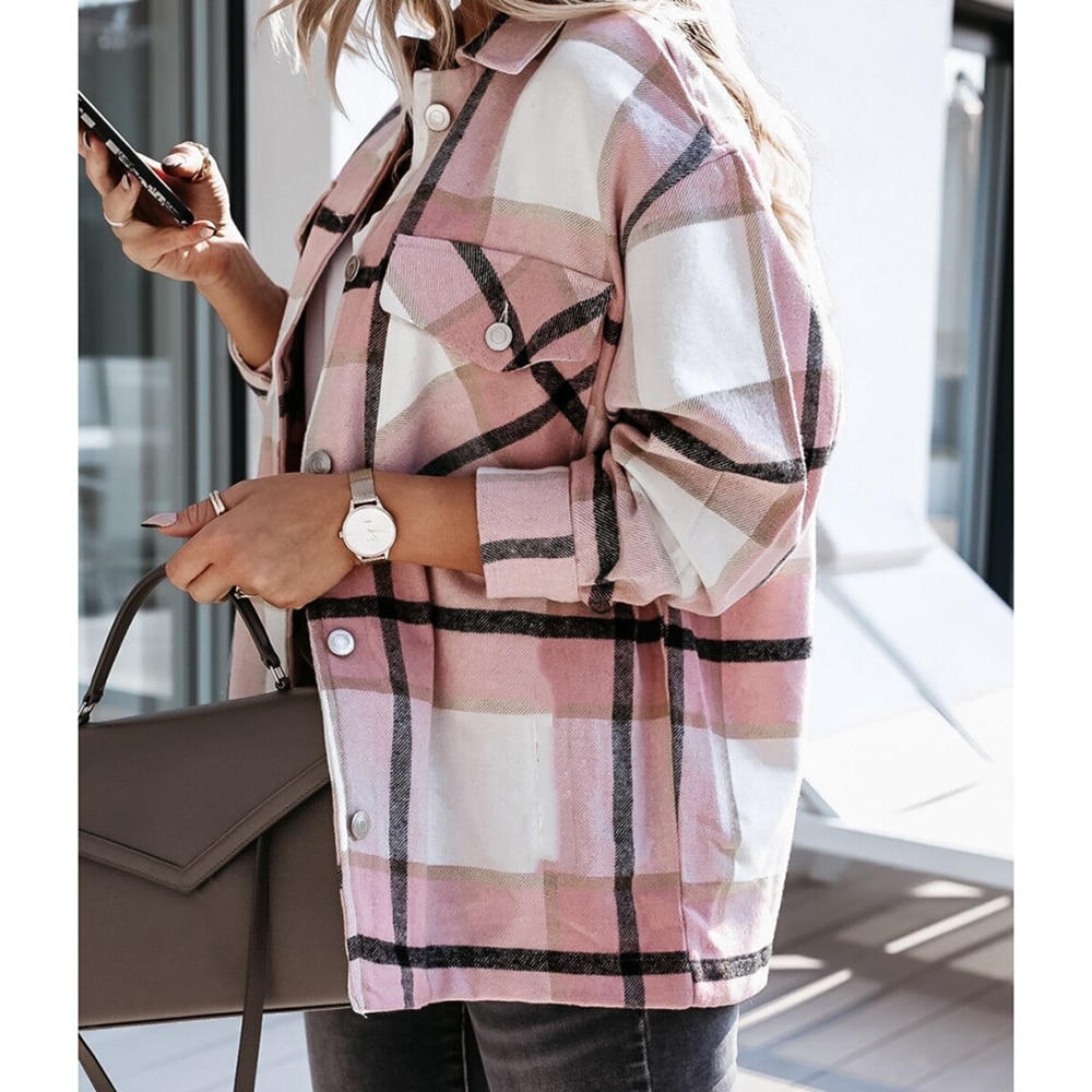 shop with crypto buy Hot Sale Women Fashion Plaid Shirt Jackets Turn-down Collar Autumn Oversized Jacket Fashion Loose Coat Streetwear Female Outwear pay with bitcoin