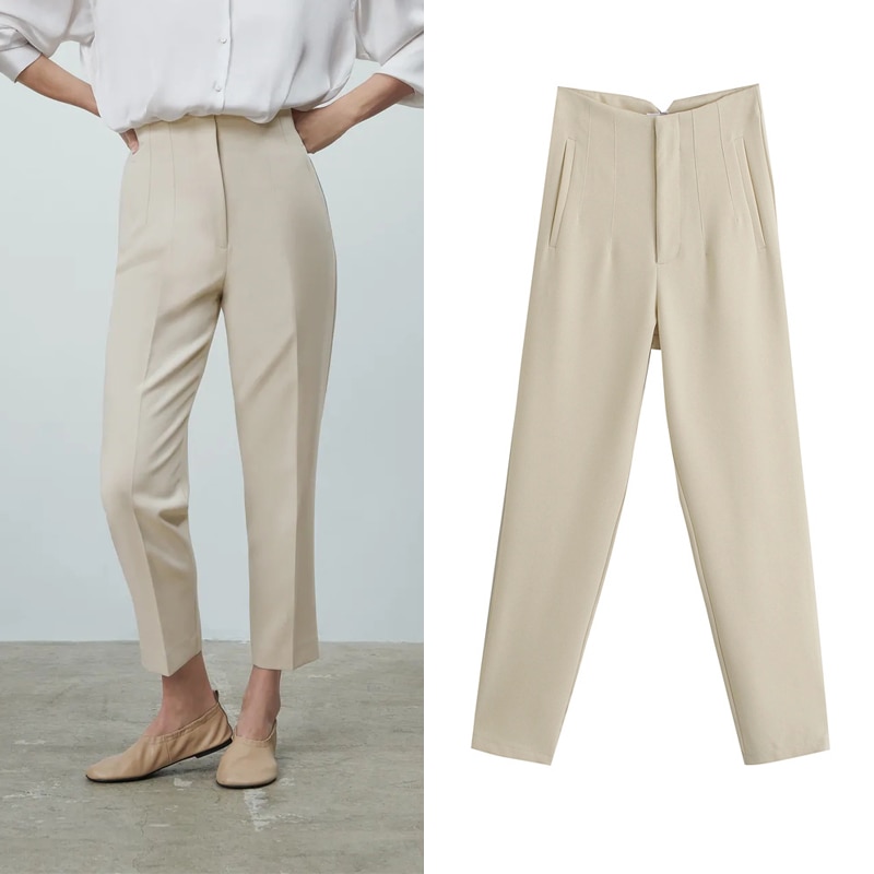 shop with crypto buy Za 2021 Spring Trouser Suits High Waisted Pants Women Fashion Office Beige Pants Chic Button Zip Elegant Pink Casual Woman Pants pay with bitcoin