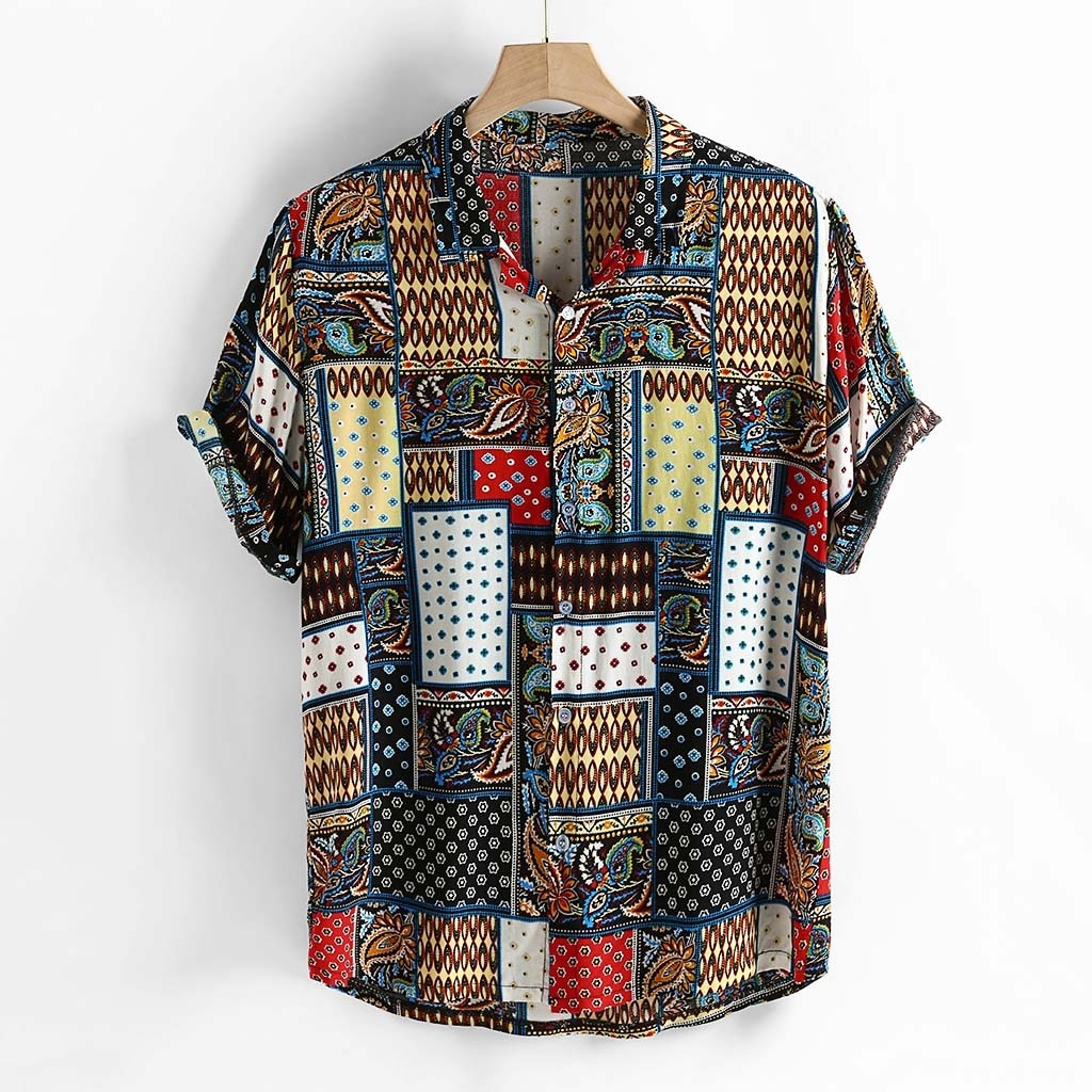 shop with crypto buy Mens Vintage Ethnic Style Printing Loose Short Sleeve Stand Collar Casual Shirt daily wearing high quality office big blouse pay with bitcoin
