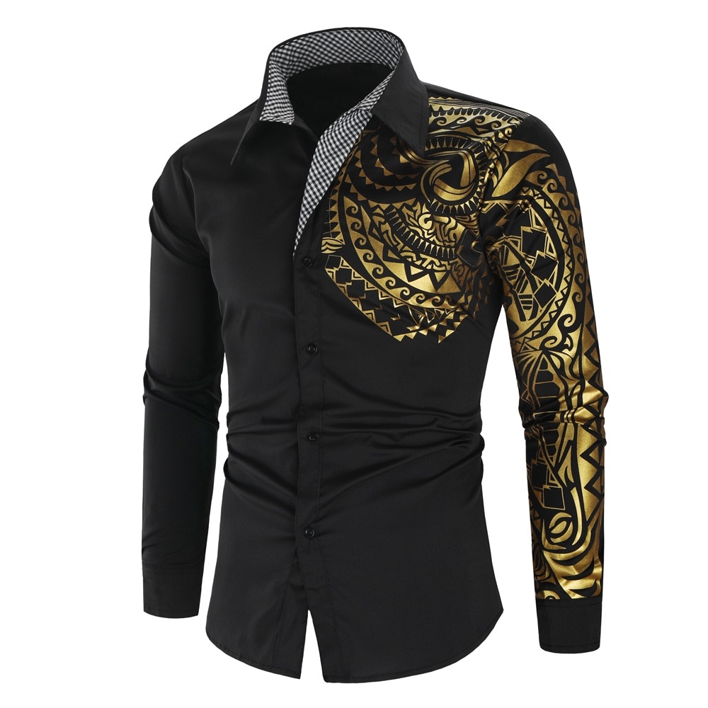 shop with crypto buy Luxury Gold Black Shirt Men New Slim Fit Long Sleeve Camisa Masculina Gold Black Chemise Homme Social Men Club Prom Shirt pay with bitcoin
