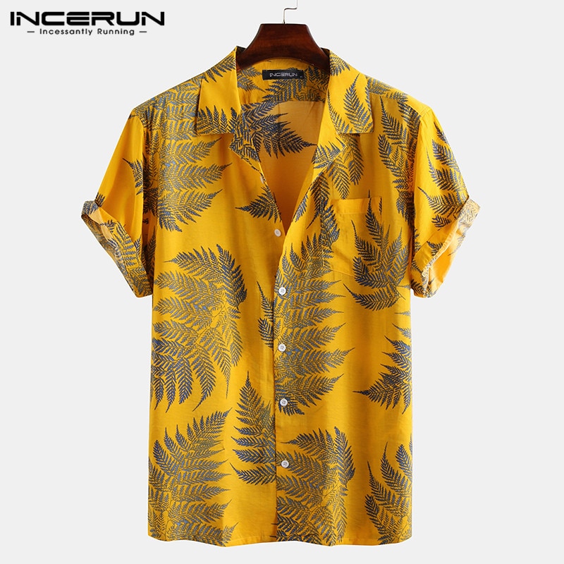 shop with crypto buy INCERUN Men Short Sleeve Lapel Printed Shirt Tropical Leaf Pattern Floral Shirt Casual Summer Hawaiian Holiday Camisa Tops S 5XL pay with bitcoin