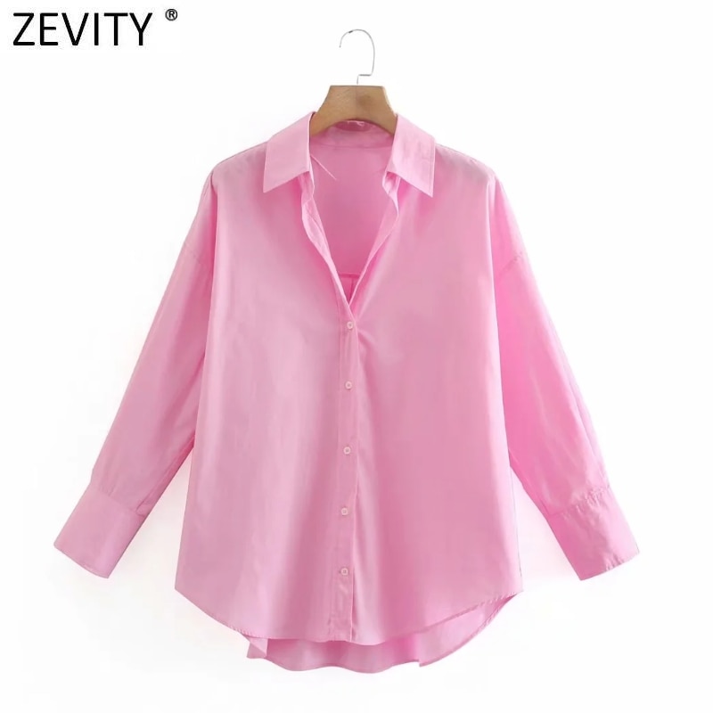 shop with crypto buy Zevity New Women Simply Candy COlor Single Breasted Poplin Shirts Office Lady Long Sleeve Blouse Roupas Chic Chemise Tops LS9114 pay with bitcoin