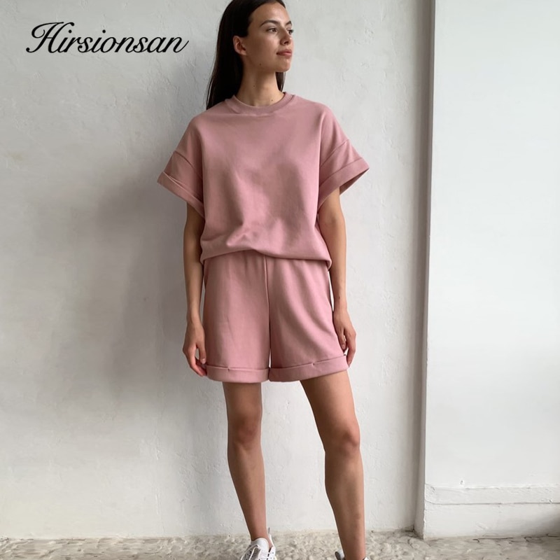 shop with crypto buy Hirsionsan Summer Cotton Sets Women Casual Two Pieces Short Sleeve T Shirts and High Waist Short Pants Solid Outfits Tracksuit pay with bitcoin