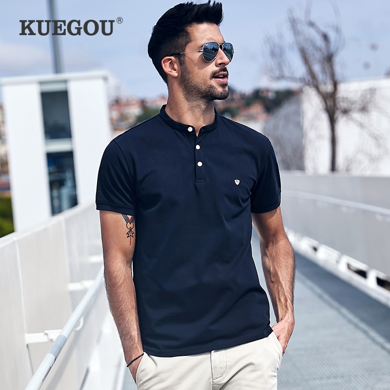 shop with crypto buy KUEGOU Cotton Clothing Men s Polo Shirts Short Sleeves Fashion Embroidery Polos Summer High Quality Slim Top Plus Size ZT 3383 pay with bitcoin