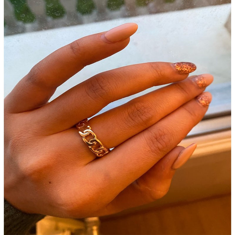 shop with crypto buy Gold Color Plating Chain Shape RING 7mm Wide For Unisex Vintage Gothic Chunky Midi Ring Antique Jewelry Accessory pay with bitcoin