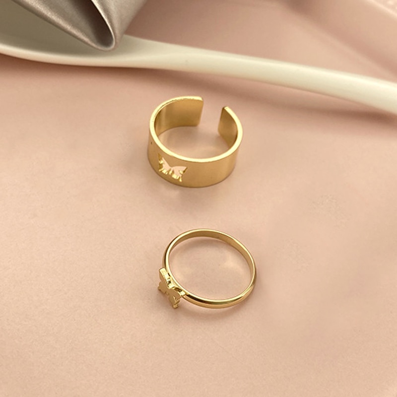 shop with crypto buy Punk Simple Style Lovers Butterfly Opening Ring Creative Women Gold Silver Color 2-Piece Ring Jewelry Gifts For Good Friends pay with bitcoin