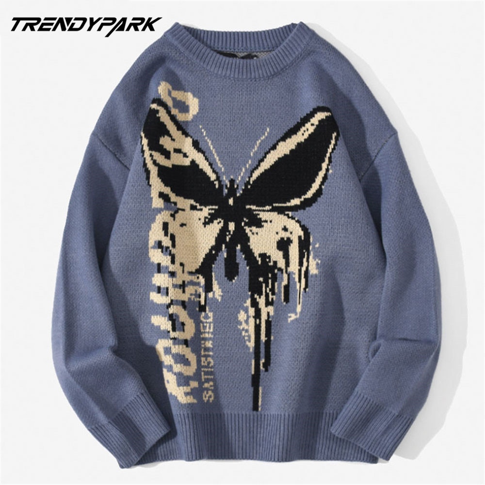 shop with crypto buy Hip Hop Knitwear Mens Sweaters 2020 Harajuku Fashion Butterfly Male Loose Tops Casual Streetwear Pullover Sweaters pay with bitcoin