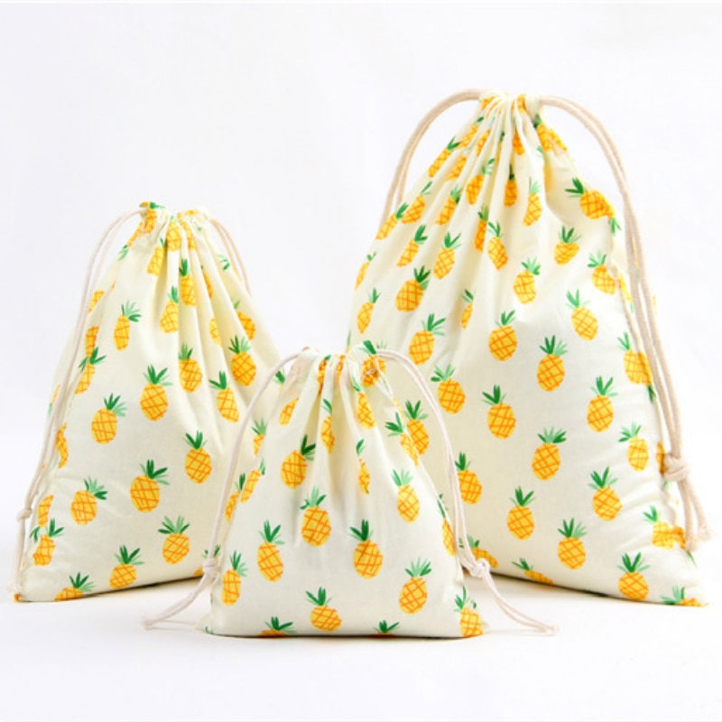shop with crypto buy 3 Size Fruit Design Printed Drawstring Bag Pocket Storage Pouch Pineapple Pattern Backpack Women Cotton Fabric Bags pay with bitcoin