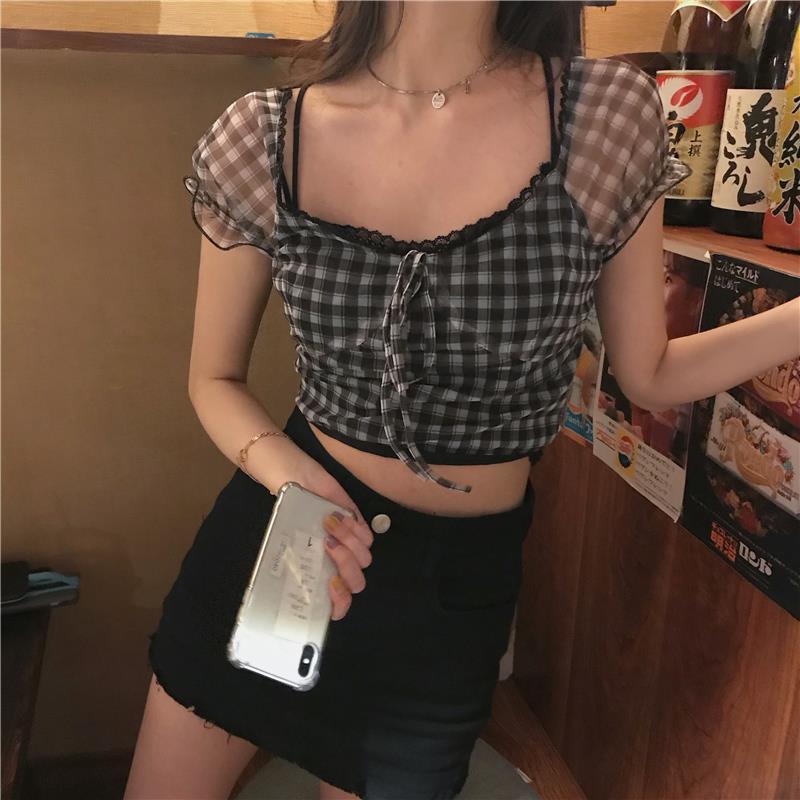 shop with crypto buy Summer New Plaid Blouse Women Retro Square Collar Shirt Casual Lace Chiffon Puff Sleeve Crop Tops Female Korea Clothing pay with bitcoin