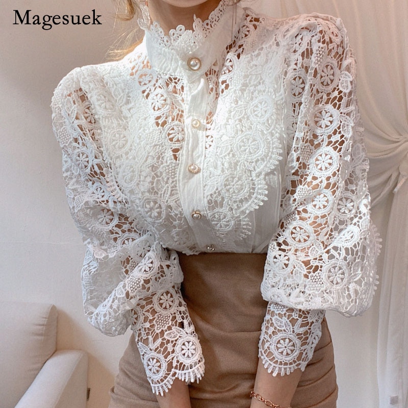 shop with crypto buy Petal Sleeve Stand Collar Hollow Out Flower Lace Patchwork Shirt Femme Blusas All match Women Blouse Chic Button White Top 12419 pay with bitcoin