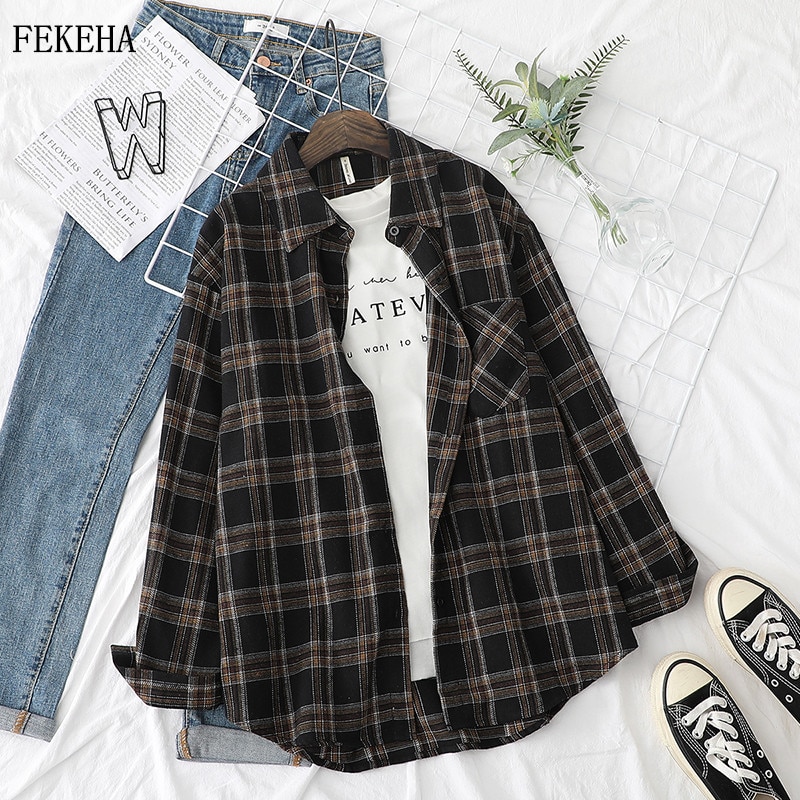 shop with crypto buy Plaid Shirts Womens Blouses And Tops Long Sleeve Female Casual Print Shirts Loose Cotton Checked Lady Outwear Spring News pay with bitcoin