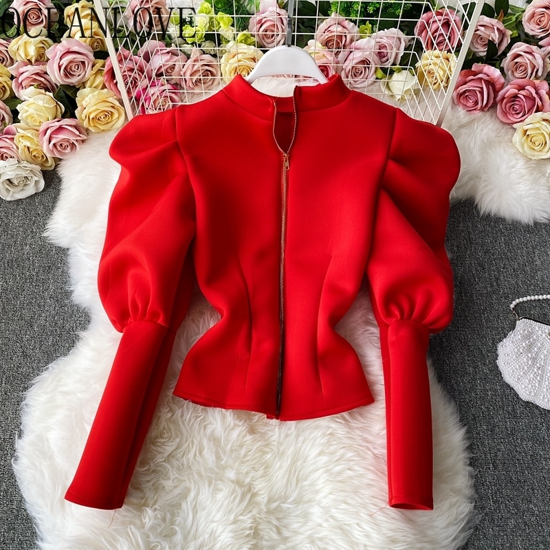 shop with crypto buy OCEANLOVE Blusas Mujer Solid Stand Collar Puff Sleeve Autumn Ins High Fashion Women Blouses Vintage Korean Elegant Shirts 19024 pay with bitcoin