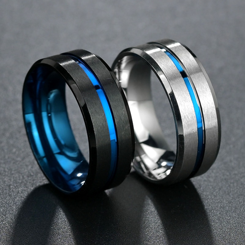 shop with crypto buy Men s fashion 8MM Black Brushed Ladder Edge Stainless Steel Ring Blue Groove Men Wedding Ring Gifts For Men pay with bitcoin