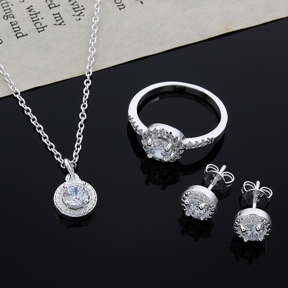 shop with crypto buy 925 Sterling silver Cute Solid Christmas gift noble fashion elegant women shiny crystal CZ necklace earring ring jewelry Set pay with bitcoin