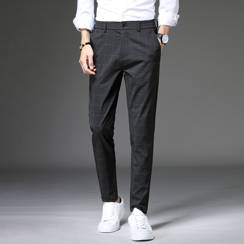 shop with crypto buy Brand Fashion High Quality Men Pants Straight Long Classic Business Summer Thin England Stripe Plaid Casual Full Trousers Male pay with bitcoin