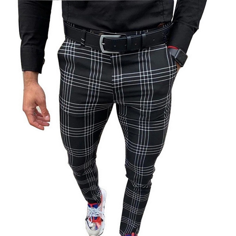 shop with crypto buy 2021 Men s Large Plaid Stripe Casual Pants Social Slim Fit Black Trousers Zipper Mid Waist Skinny Business Male Spring Stretchy pay with bitcoin