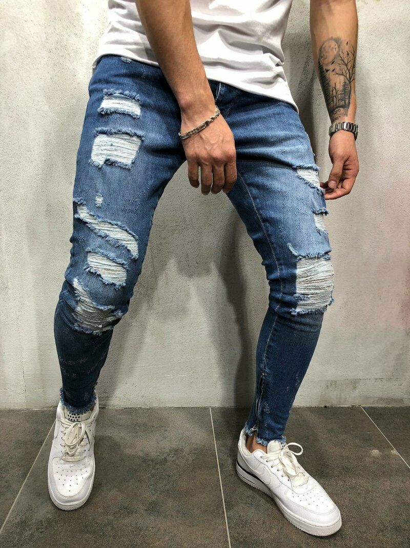 shop with crypto buy Mens Stylish Denim Stretchy Slim Fit Ripped Skinny Jeans Destroyed Frayed Denim zipper Trousers Pants Jeans jean homme hole pay with bitcoin