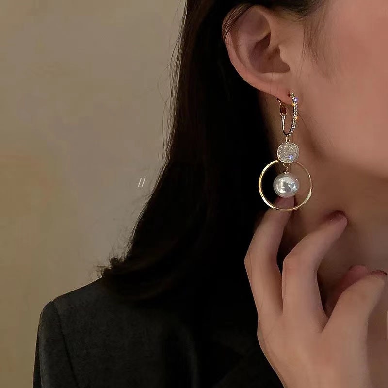 shop with crypto buy 2021 New Fashion Korean Oversized White Pearl Drop Earrings for Women Bohemian Golden Round Zircon Wedding Earrings Jewelry Gift pay with bitcoin