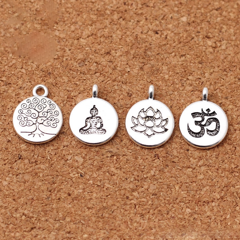 shop with crypto buy 10pcs lot Tibetan Silver Round Tag Lotus Life Tree Buddha Charms 15mm Handmade Metal Pendants DIY Jewelry Making Accessories pay with bitcoin