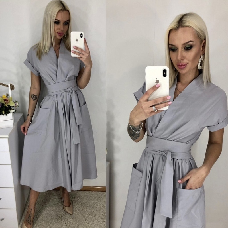 shop with crypto buy Office Lady Women Casual Sashes A Line Dress Ladies Short Sleeve V Neck Summer Dress 2021 Fashion Midi Party Dress Vestidos pay with bitcoin